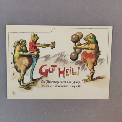 Historische Postkarte „Frösche beim Gewichte stemmen“